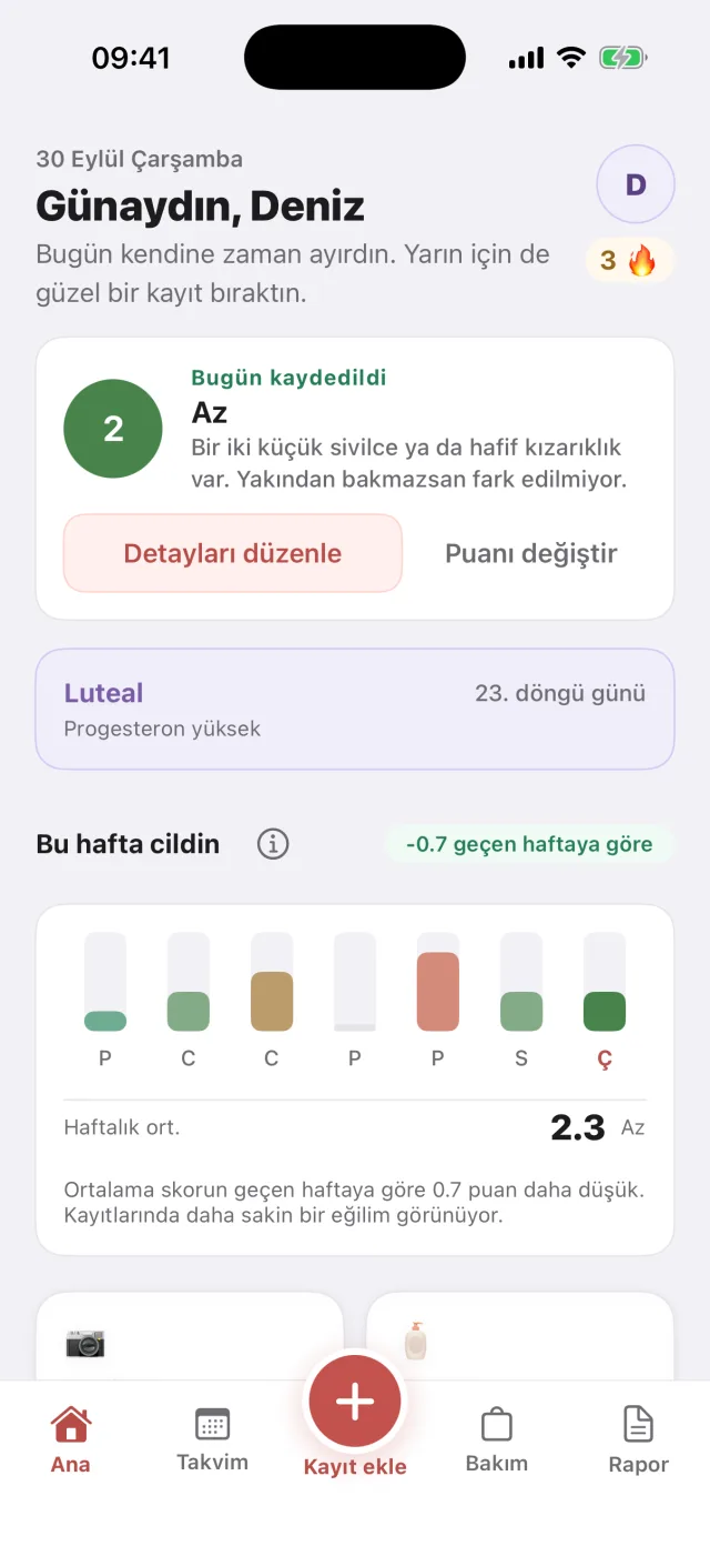 Skinjot ana sayfası: bugünün kaydı, döngü günü ve haftalık cilt grafiği